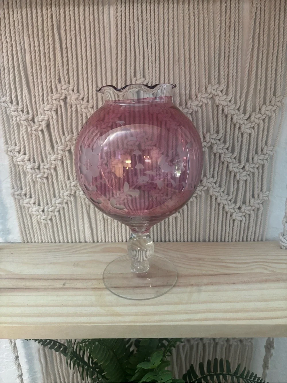 Vintage cranberry glass balloon pedestal vase